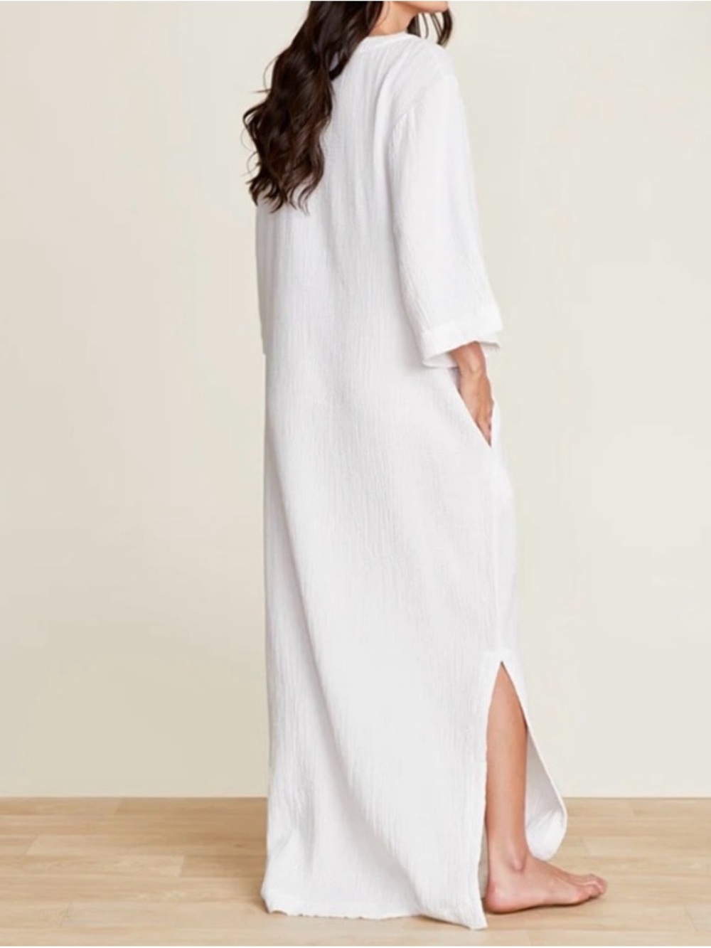 Barefoot Dreams Malibu Collection 
Sun Soaked Crinkle Cotton V-Neck Caftan White - Picture 2 of 6